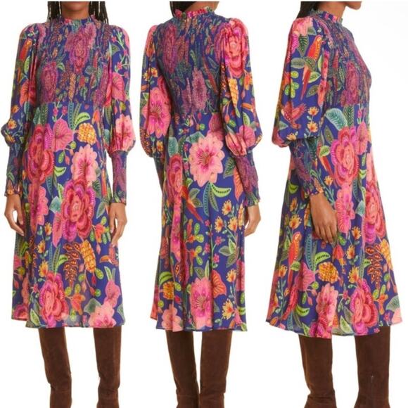 Farm Rio Macaw Bloom Floral Smocked Mock Neck Juliet Dress S - Picture 3 of 8